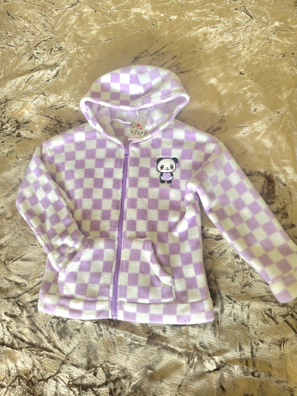 Jenna & Jessie Girls Purple Checkered Fleece Hoodie Kawaii Panda Zip Up Size 6